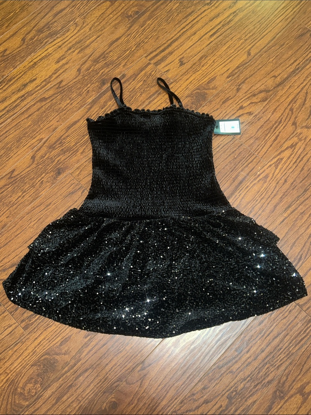 Black Sequin Girls' Dress with Spaghetti Straps and Velvety Smocked Bodice